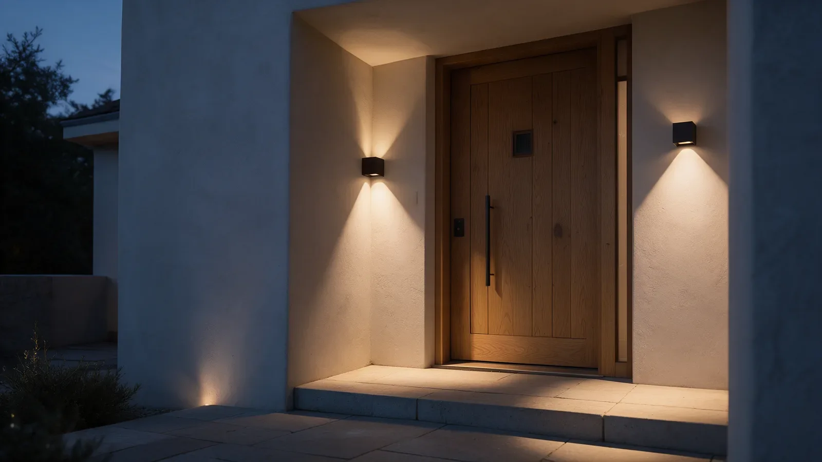 Entrada residencial al atardecer con pequeños apliques cúbicos oscuros que proyectan luz hacia arriba y hacia abajo.