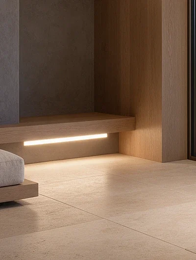 Detalle ilustrativo de iluminación lineal bajo un banco de madera integrado en el salón.