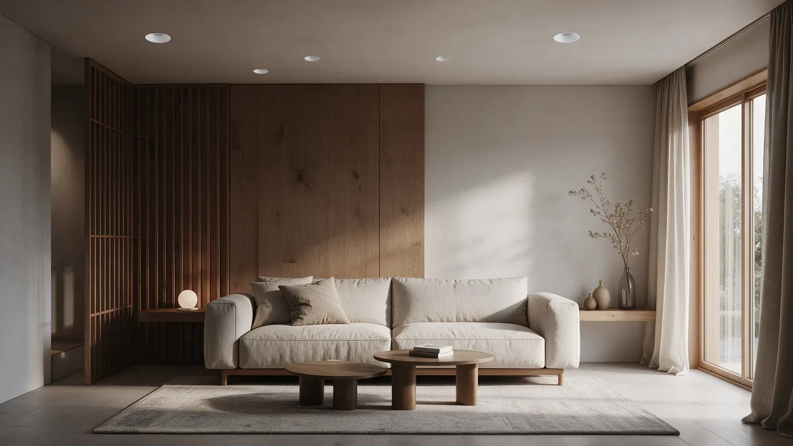 Salón contemporáneo con focos empotrables blancos de reflector profundo en el techo, madera cálida y sofá de lino.